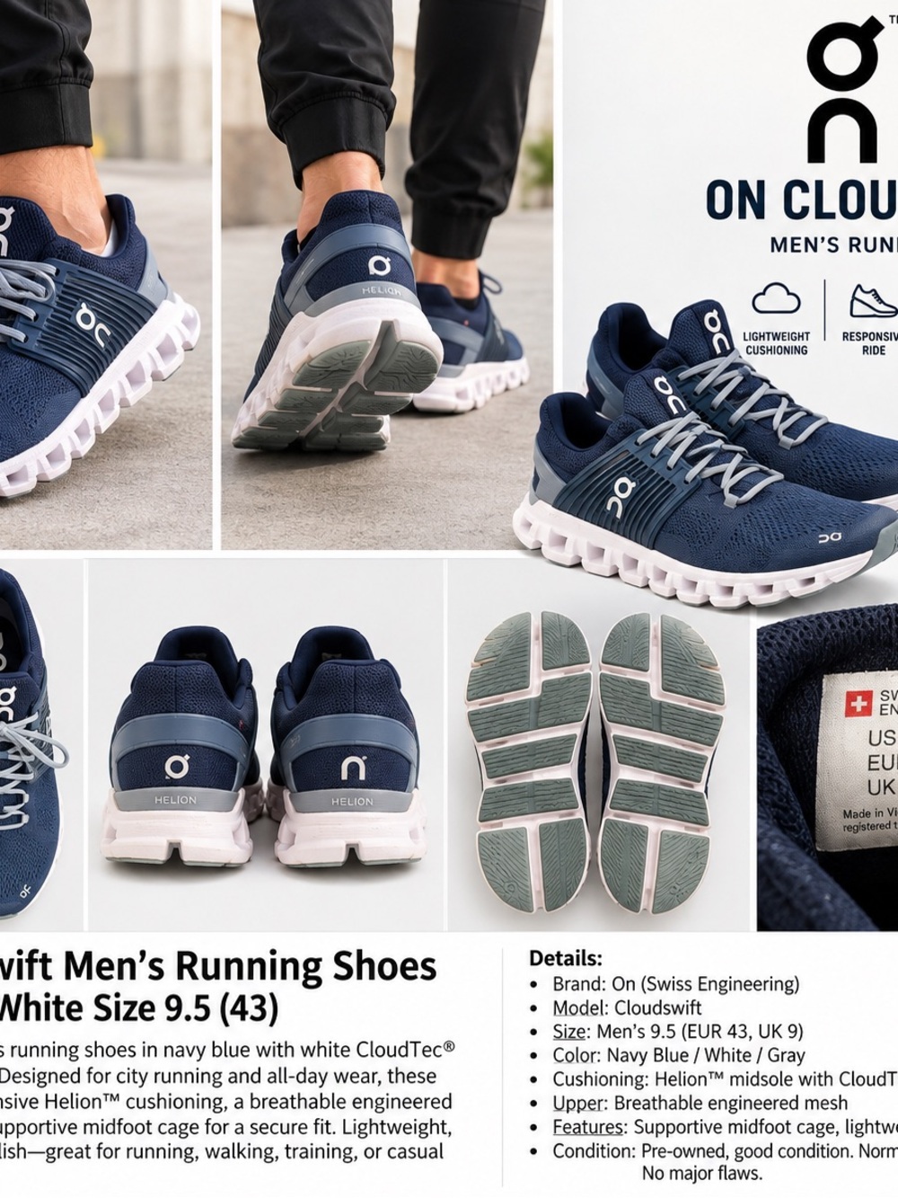 On Cloudswift Men’s 9.5 nave blue running shoes Cloudtec Helion Swiss